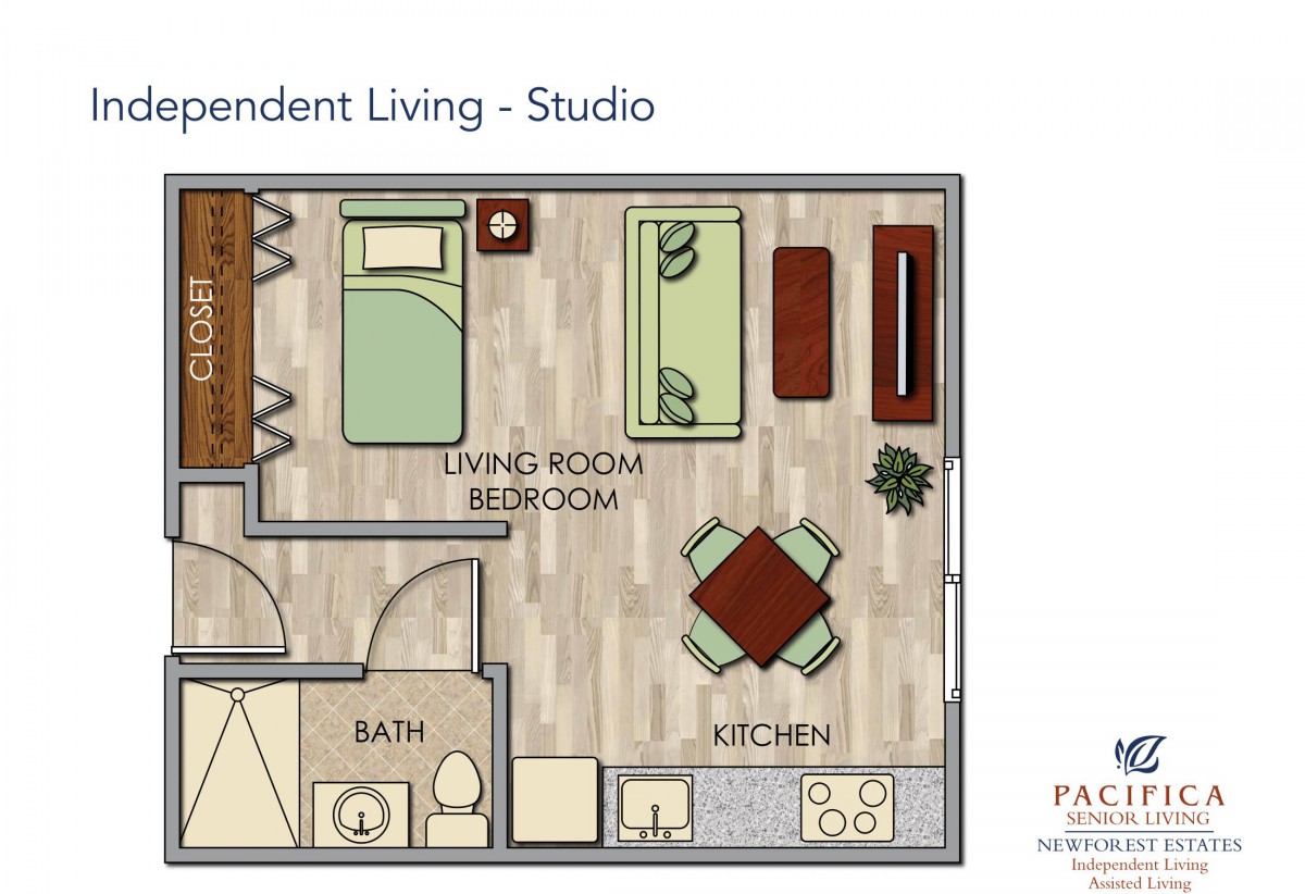 Floor plan of a studio apartment designed for independent living, showcasing the arrangement of bedroom, living room, kitchen, and bathroom areas.
