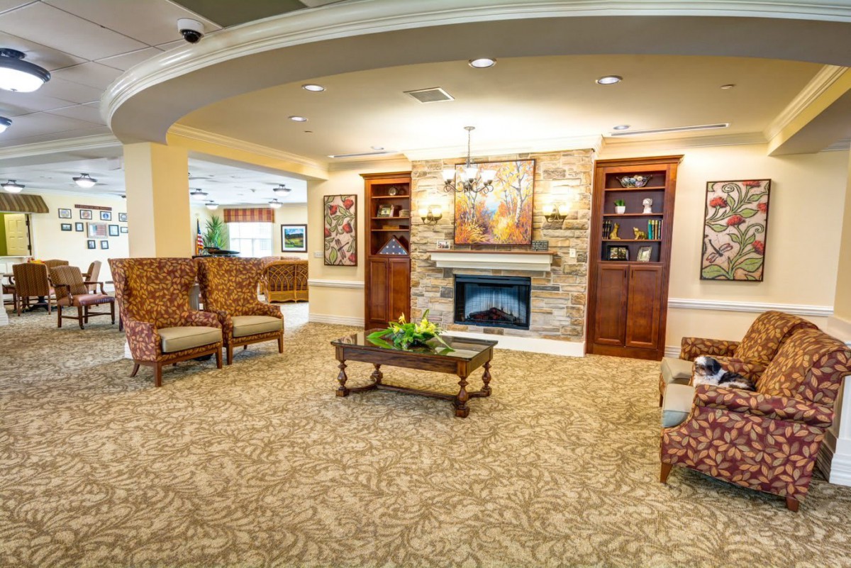 A cozy living room with a fireplace, armchairs, and a coffee table surrounded by bookshelves and decorative art.