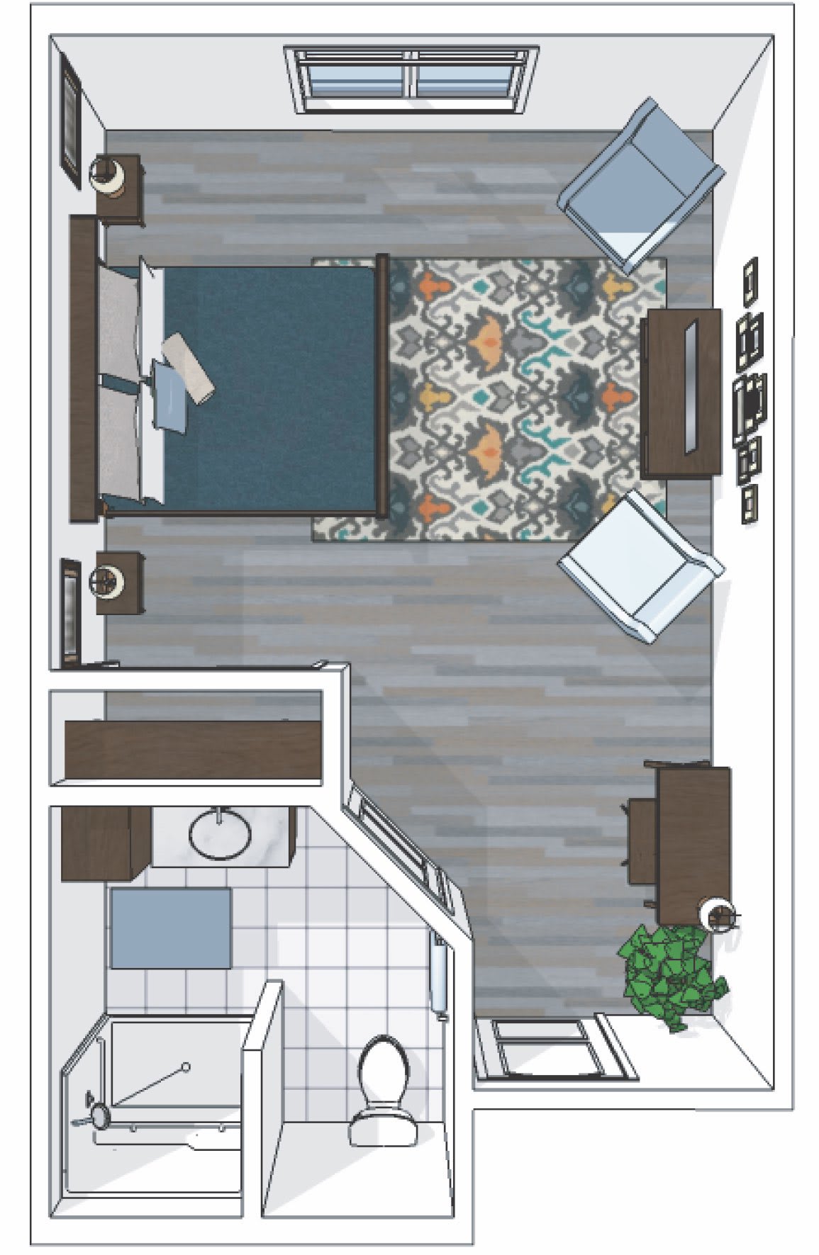 A detailed floor plan of a bedroom with an attached bathroom, featuring furniture layout and decor elements.