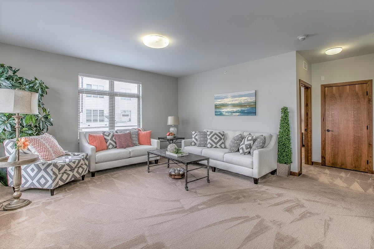 A modern living room with two sofas, a glass coffee table, and decorative elements.