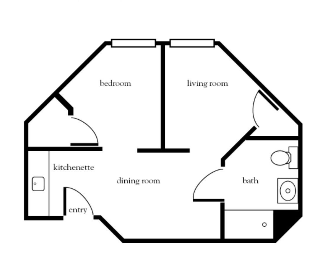 Floor plan of an apartment with designated areas for a bedroom, living room, kitchen, dining room, and bathroom.