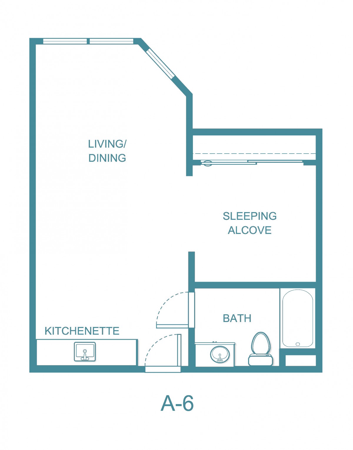 Studio apartment floor plan with living/dining area, kitchenette, sleeping alcove, and bathroom.