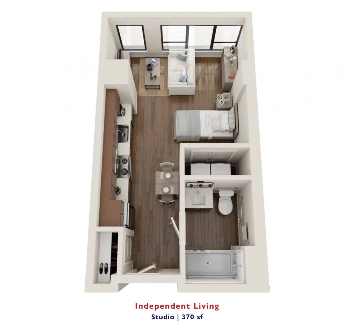 3D floor plan of a 379 sq ft studio apartment for independent living.