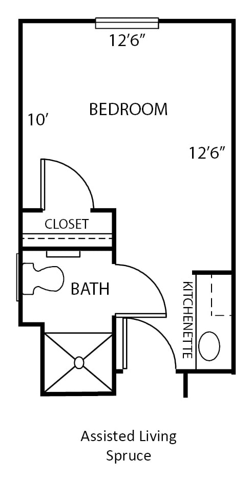 A simple floor plan of a studio apartment, featuring a bedroom, kitchenette, and bath.