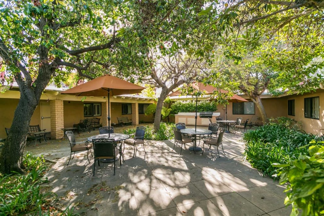 A peaceful outdoor patio area with tables and chairs shaded by large trees.
