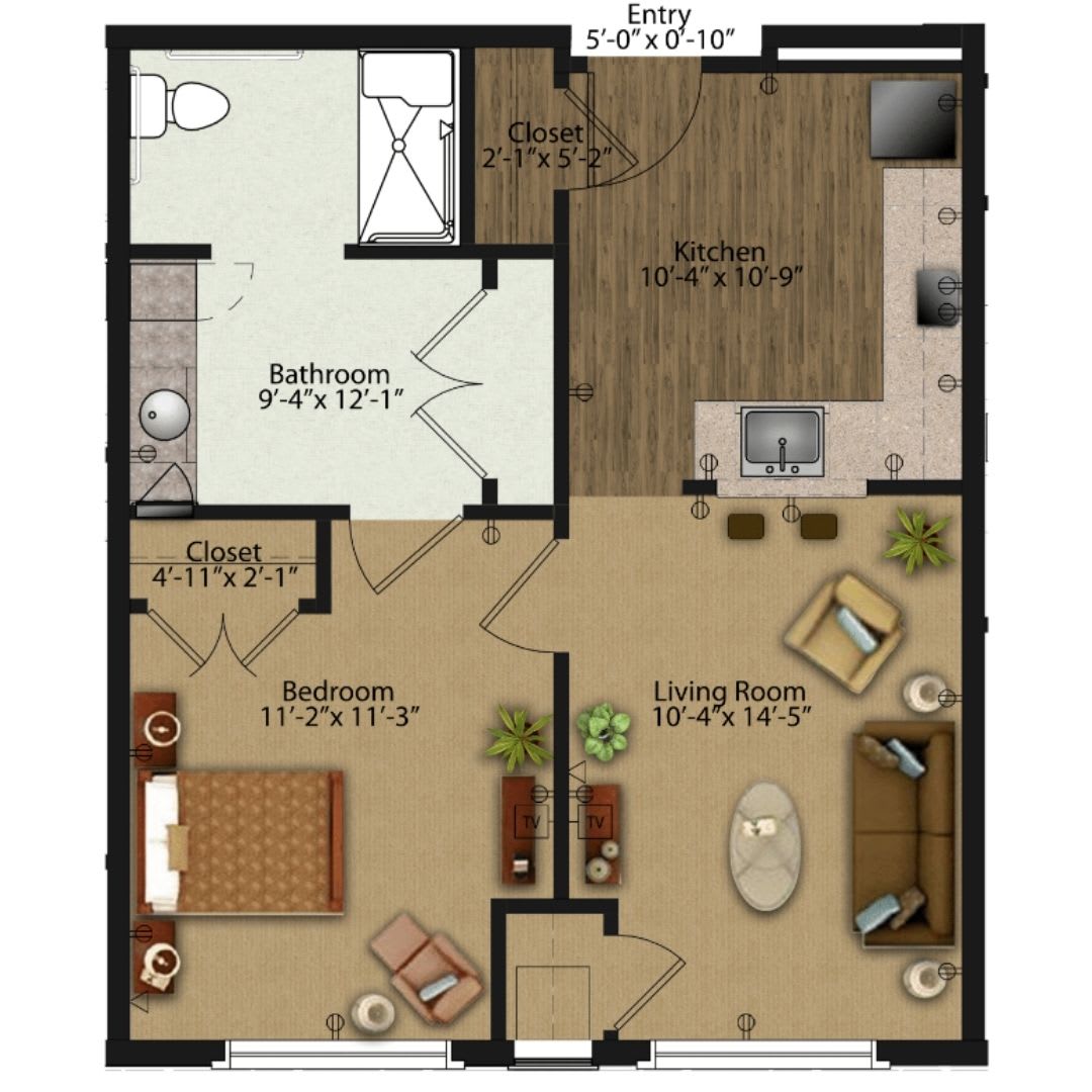 A detailed floor plan of a one-bedroom apartment featuring a living room, kitchen, and bathroom.
