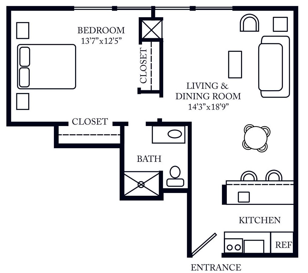A floor plan of a one-bedroom apartment including a living and dining area, kitchen, bathroom, and closets.