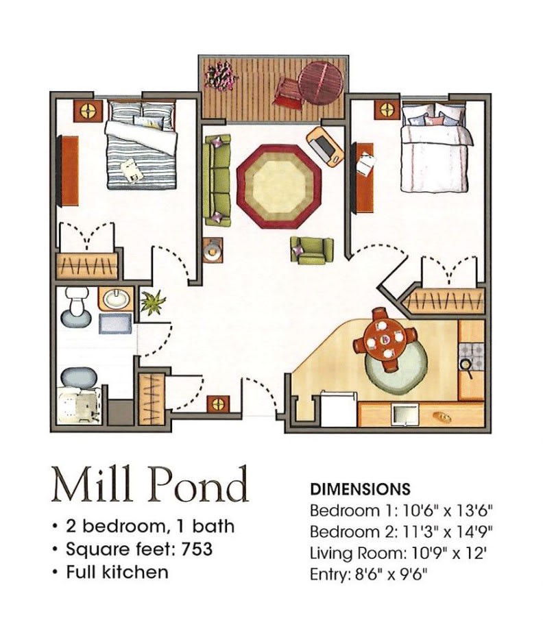 Floor plan of a two-bedroom, one-bathroom apartment with detailed room dimensions.
