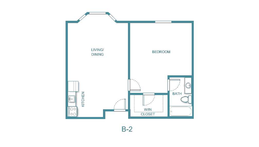 A floor plan of a one-bedroom apartment, labeled B-2, featuring a living/dining area, kitchen, bedroom, bathroom, and walk-in closet.