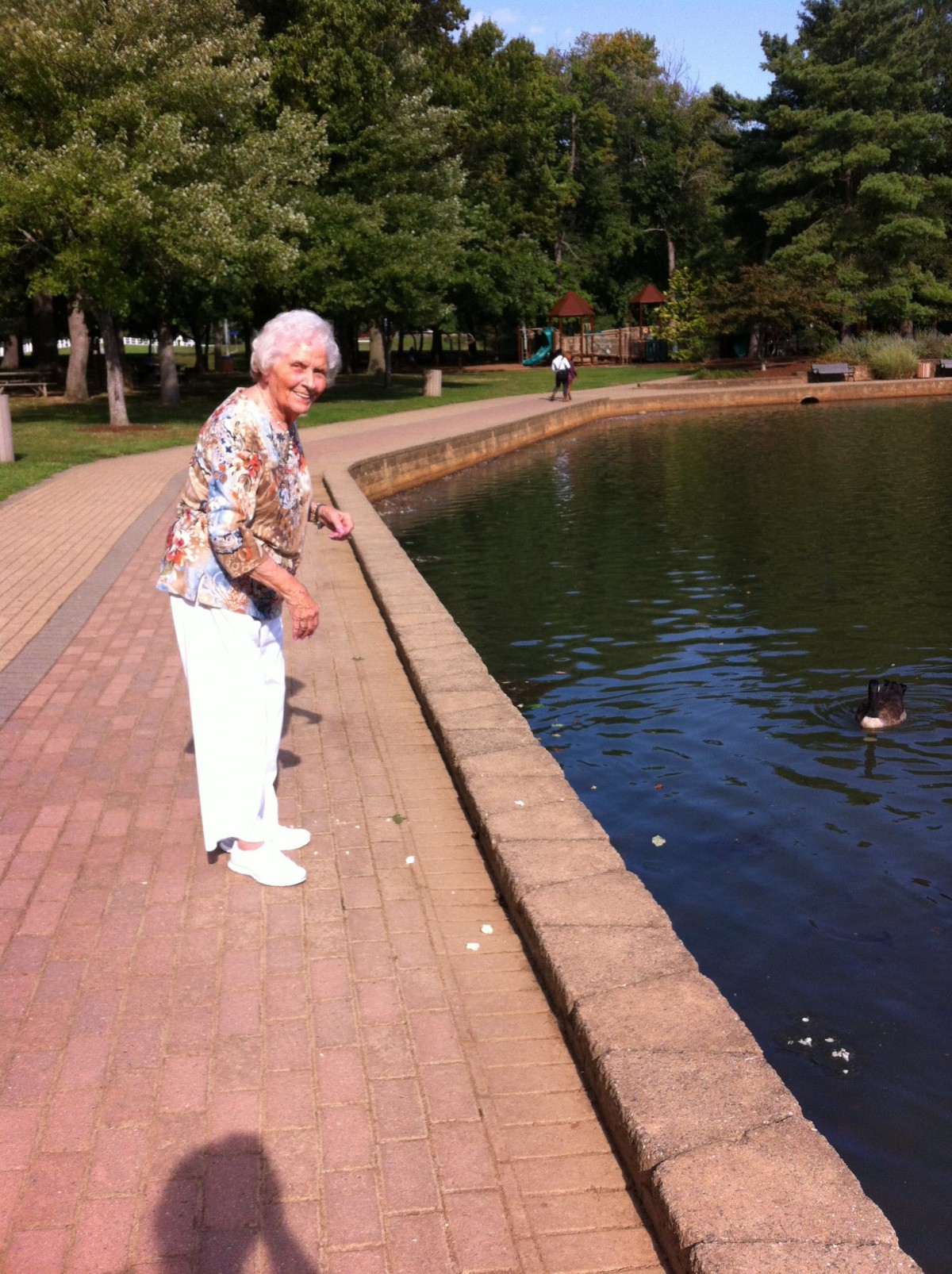 An elderly woman feeding ducks at a pond in a park.