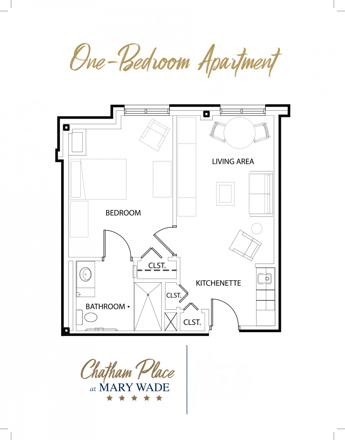 One-bedroom apartment floor plan with living area, kitchenette, and bathroom.