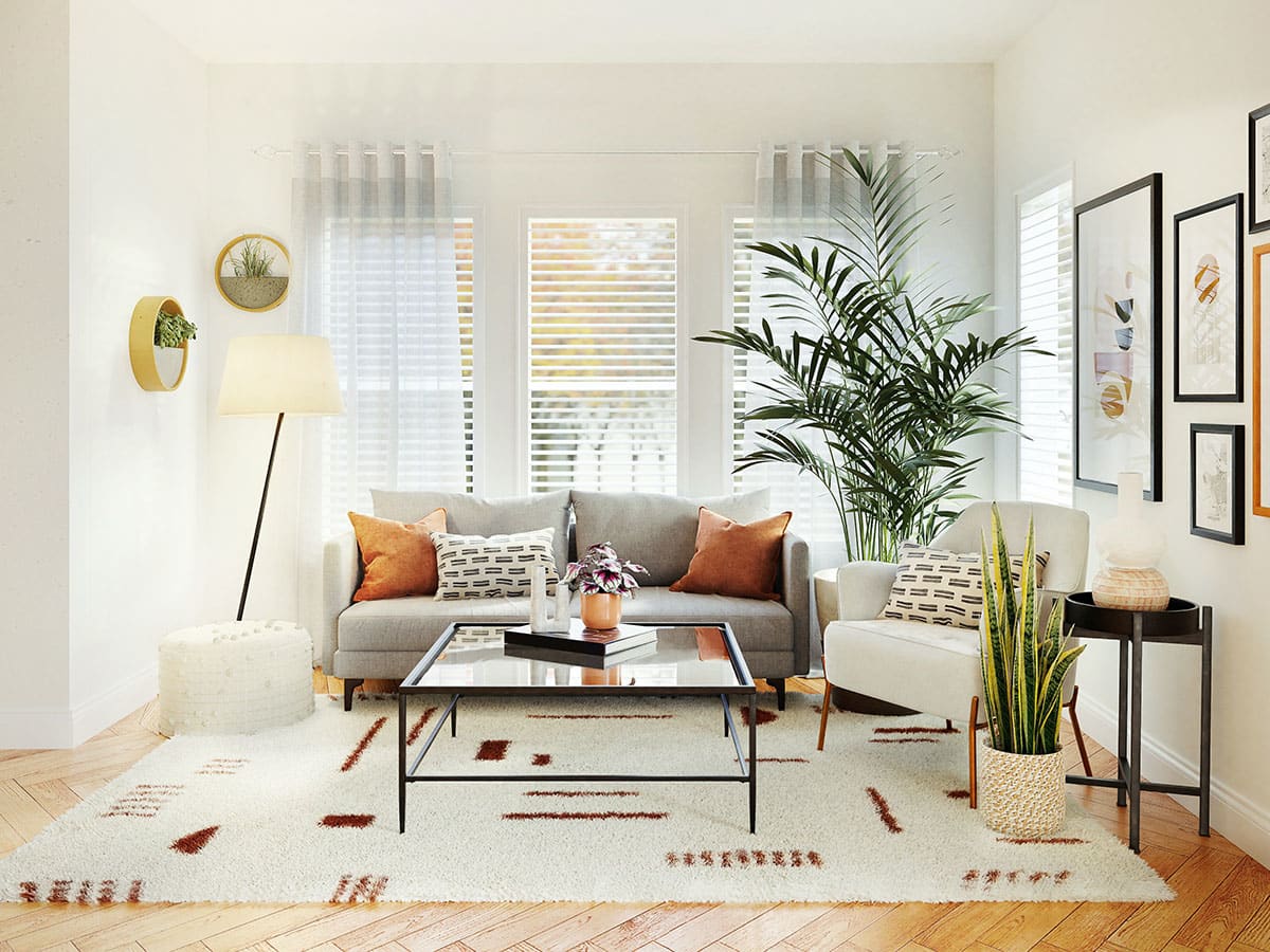 A stylishly modern living room with comfortable seating, houseplants, and tasteful decor.