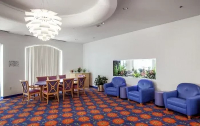 A modern room with a dining area and blue armchairs, featuring unique lighting and vibrant carpeting.