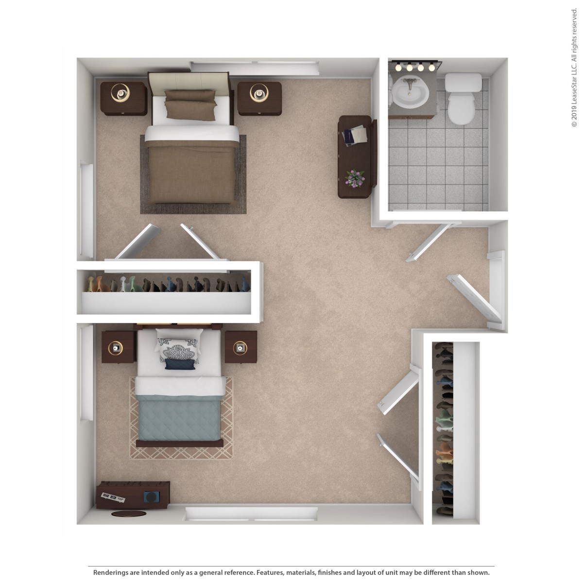 A one-bedroom apartment floor plan showcasing the layout of a bedroom, bathroom, and living area.
