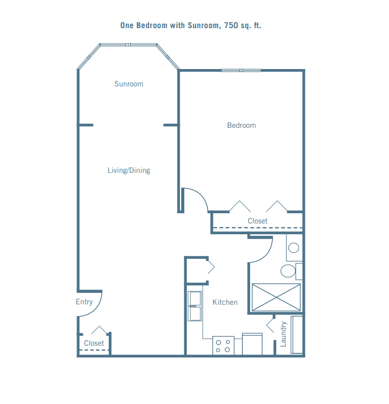 One-bedroom apartment floor plan with a balcony, kitchen, living room, and bathroom.