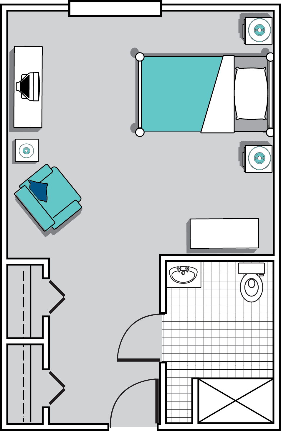 A layout of a small studio apartment featuring a combined living and bedroom area, and a separate bathroom.