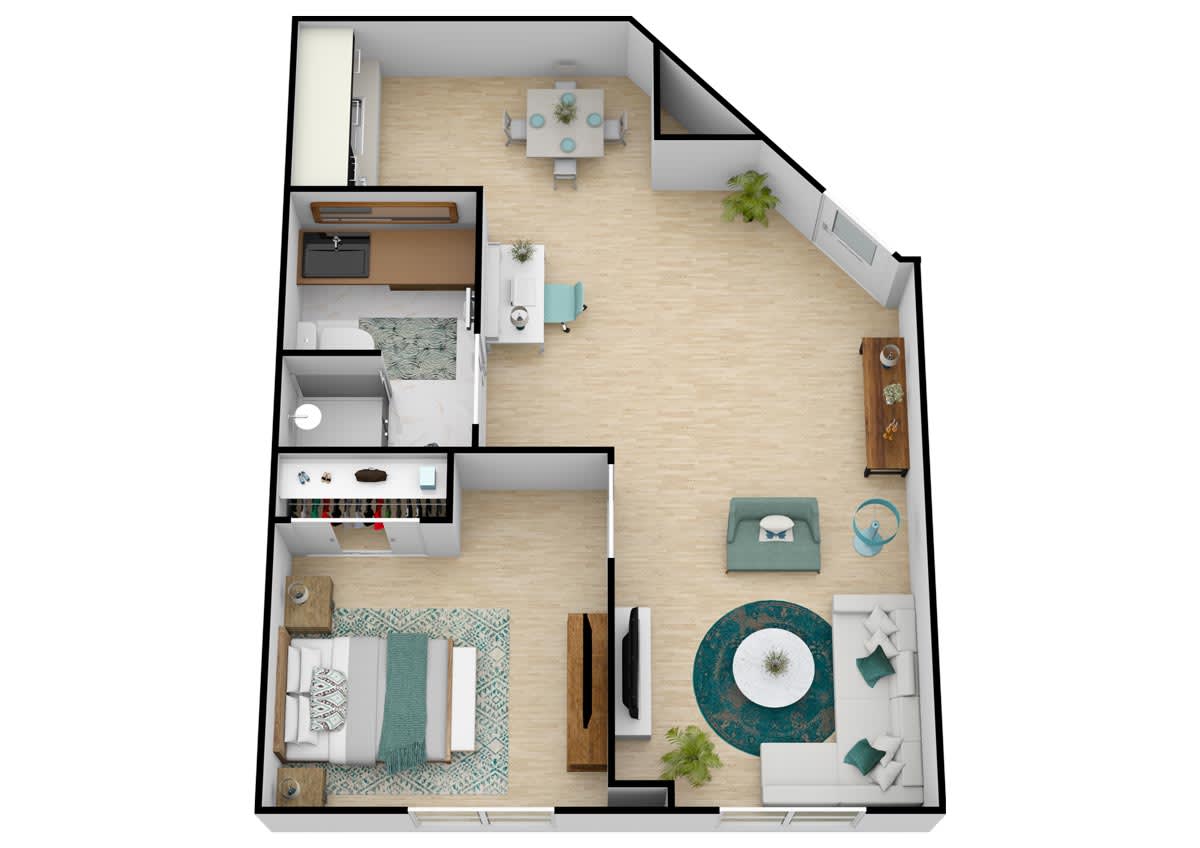 3D floor plan of a one-bedroom apartment with an open concept living and dining area.
