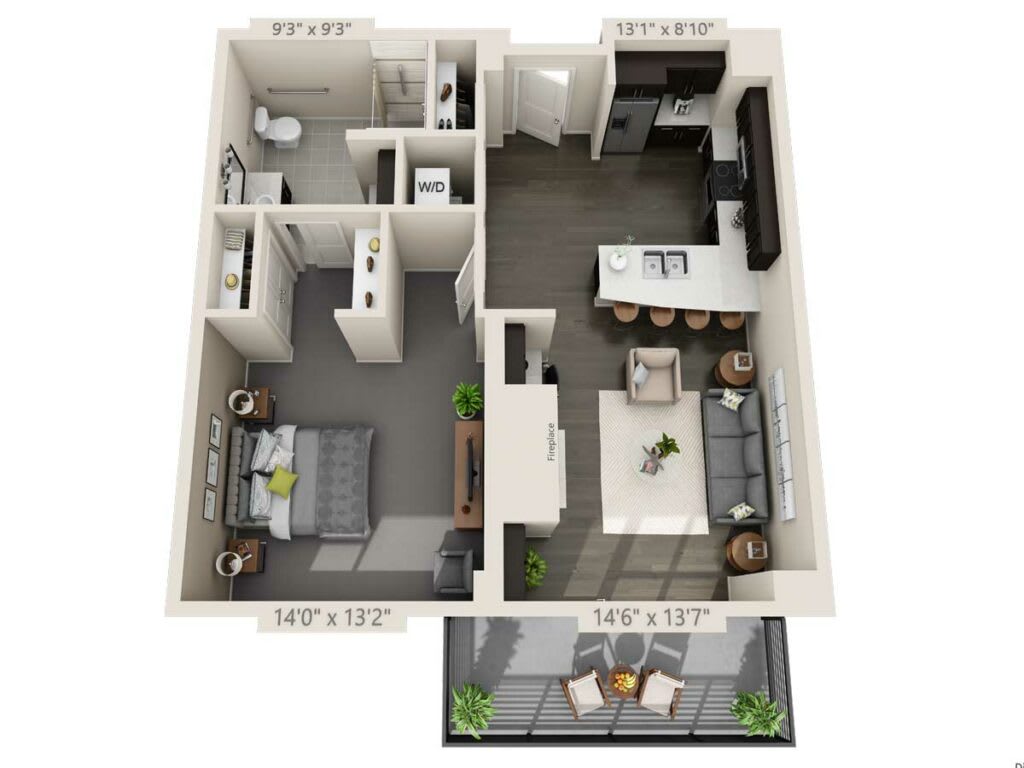 Modern one-bedroom apartment floor plan with a balcony.
