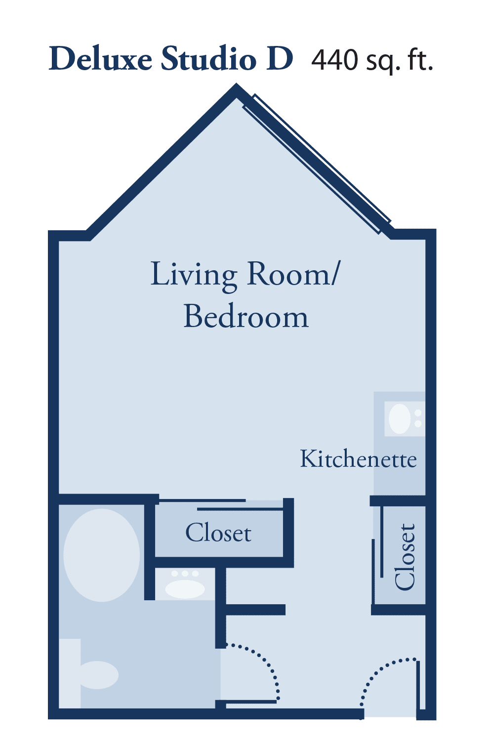 Studio apartment floor plan with combined living room and bedroom, kitchenette, and closets.