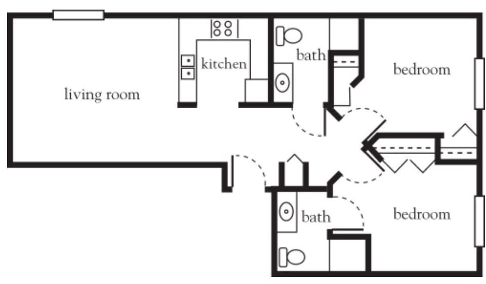 A floor plan showing a two-bedroom apartment layout with two bathrooms, a kitchen, and a living room.