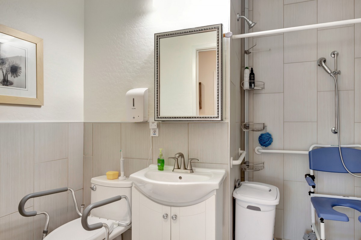 Accessible bathroom with a sink, mirror, and toilet featuring grab bars.