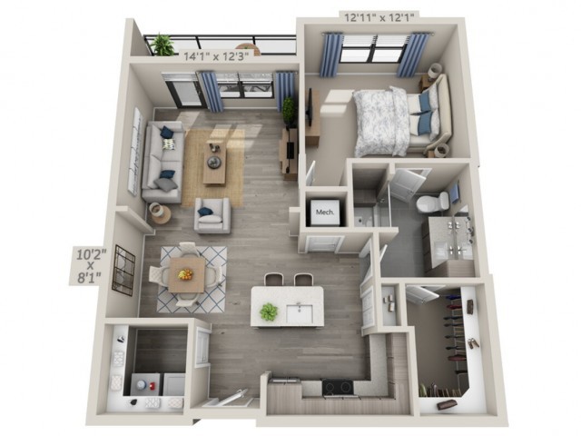 3D floor plan of a one-bedroom apartment with living area and kitchen.
