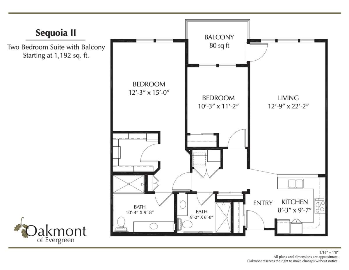 An architectural floor plan showing a three-bedroom apartment layout with designated areas for living room, kitchen, and bathrooms.