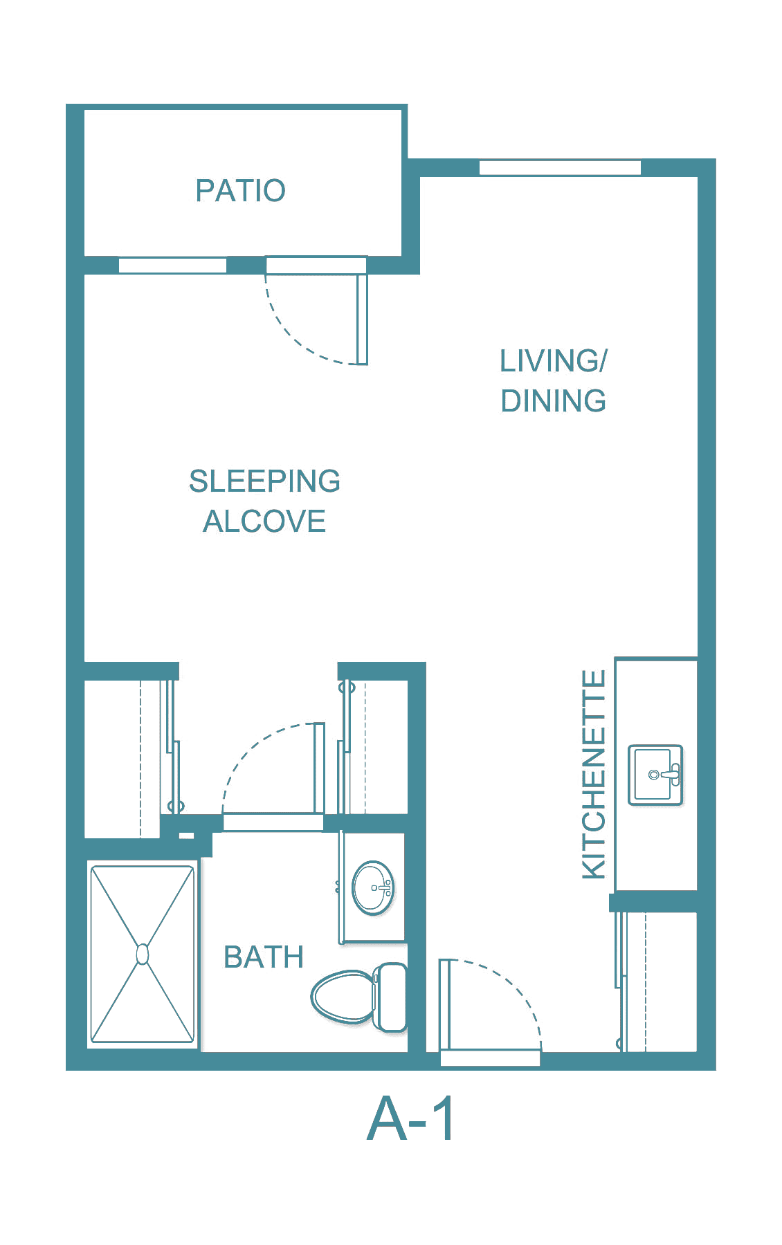 Floor plan of a studio apartment featuring a sleeping alcove, living/dining area, kitchenette, and bathroom.