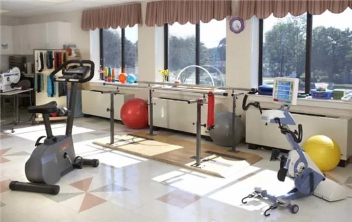 A rehabilitation room featuring exercise equipment, including parallel bars and a gym ball, with sunlight streaming through large windows.