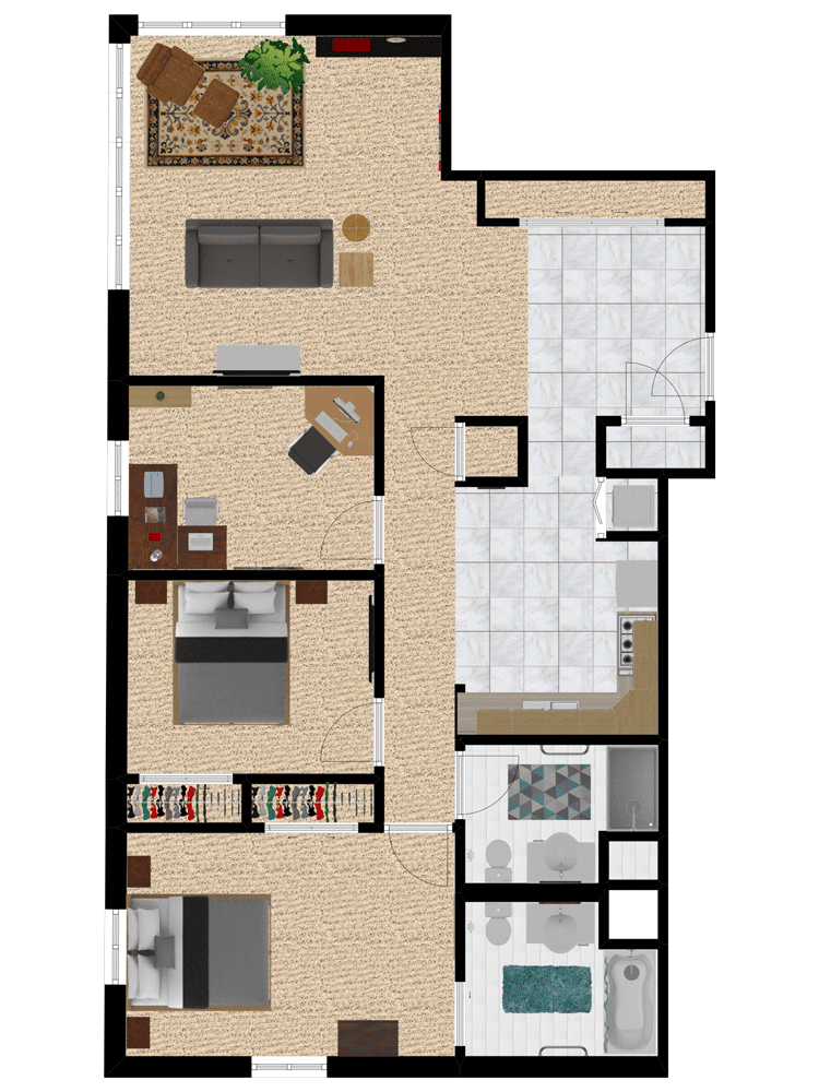 A detailed floor plan of a modern apartment showcasing the layout of rooms and furnishings.