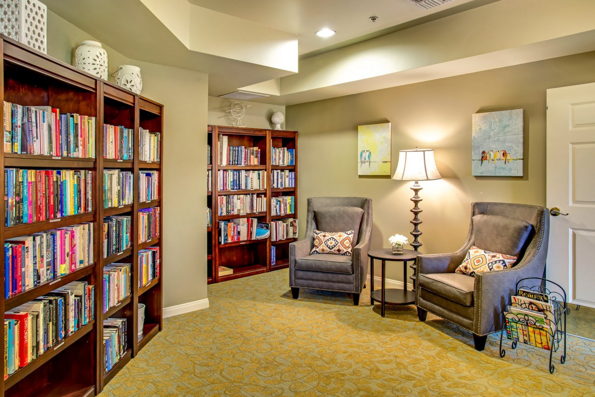 A cozy library corner with bookshelves, armchairs, and a lamp for reading.