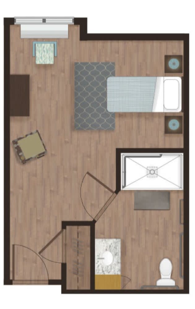 A floor plan depicting the layout of a small bedroom with furniture.
