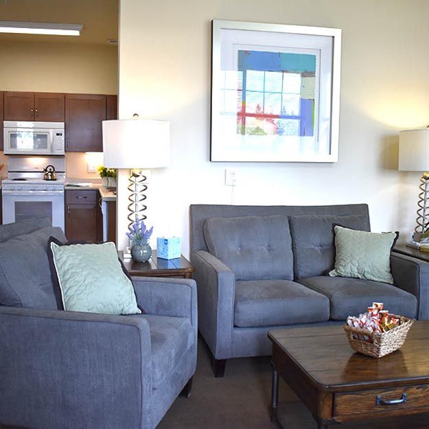 A modern living room with gray sofas, decorative pillows, and a wooden coffee table.