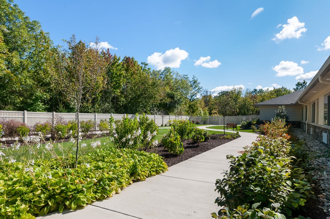 A beautifully landscaped garden with a paved pathway leading through vibrant plants and greenery under a clear blue sky.