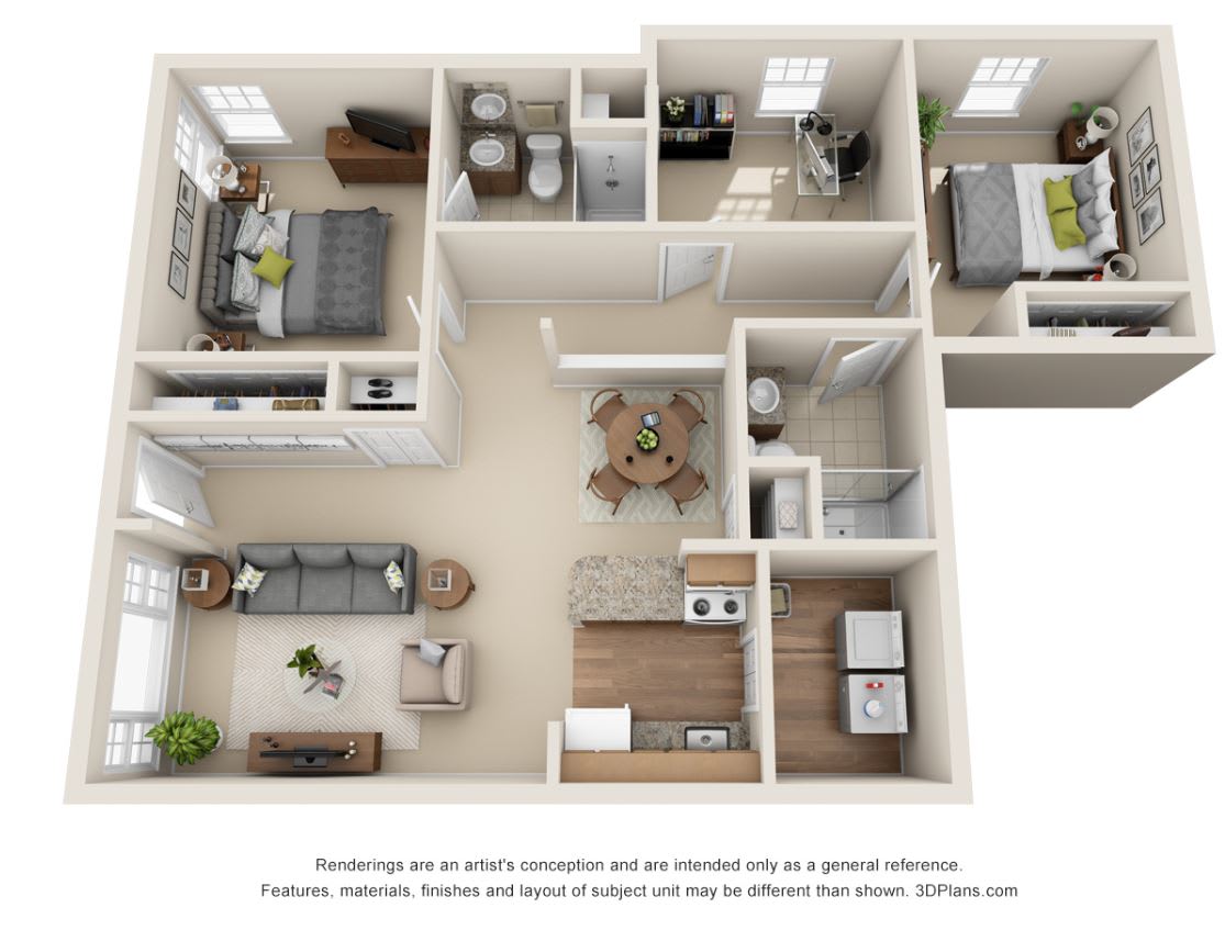 A 3D rendered floor plan of a two-bedroom apartment with an open kitchen, living area, and two bathrooms.