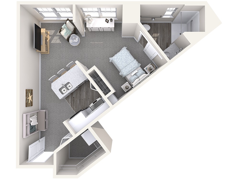 A modern one-bedroom apartment floor plan showcasing a compact kitchen, living area, bedroom, and bathroom.