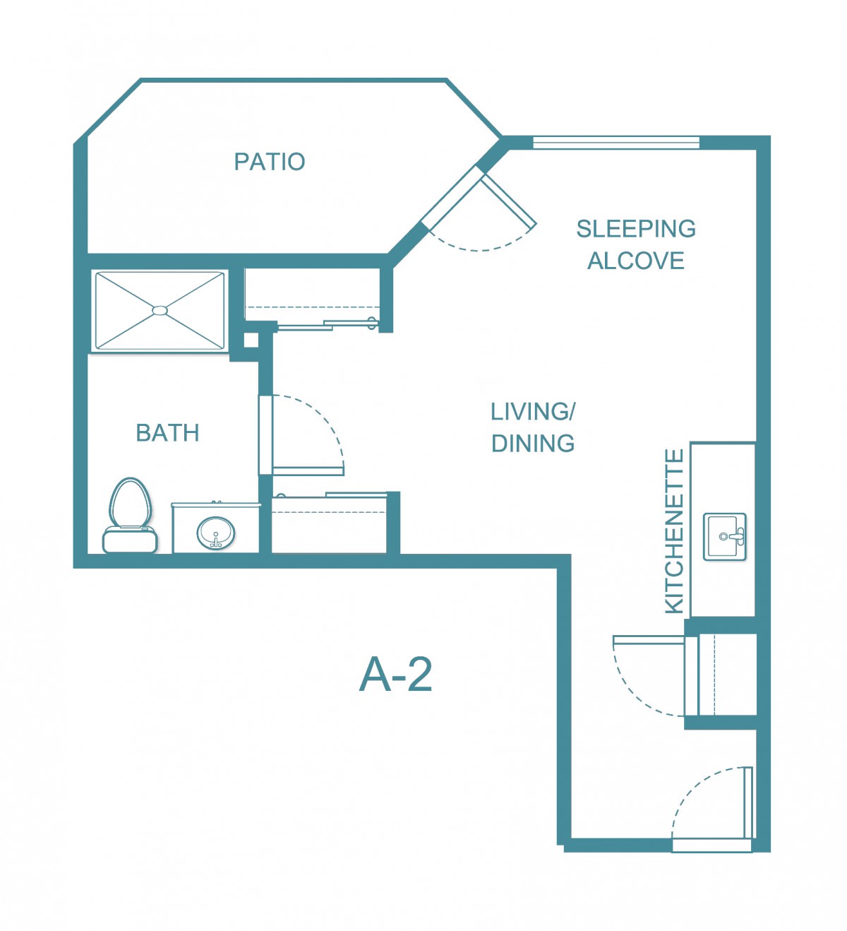 Studio apartment floor plan with patio, sleeping alcove, and combined living/dining area.