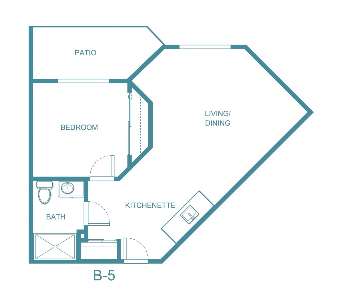 A floor plan of a one-bedroom apartment featuring a living area, kitchenette, and bathroom.