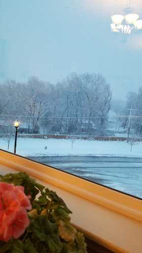 A serene winter landscape blanketed in snow, viewed from a warm indoor setting.