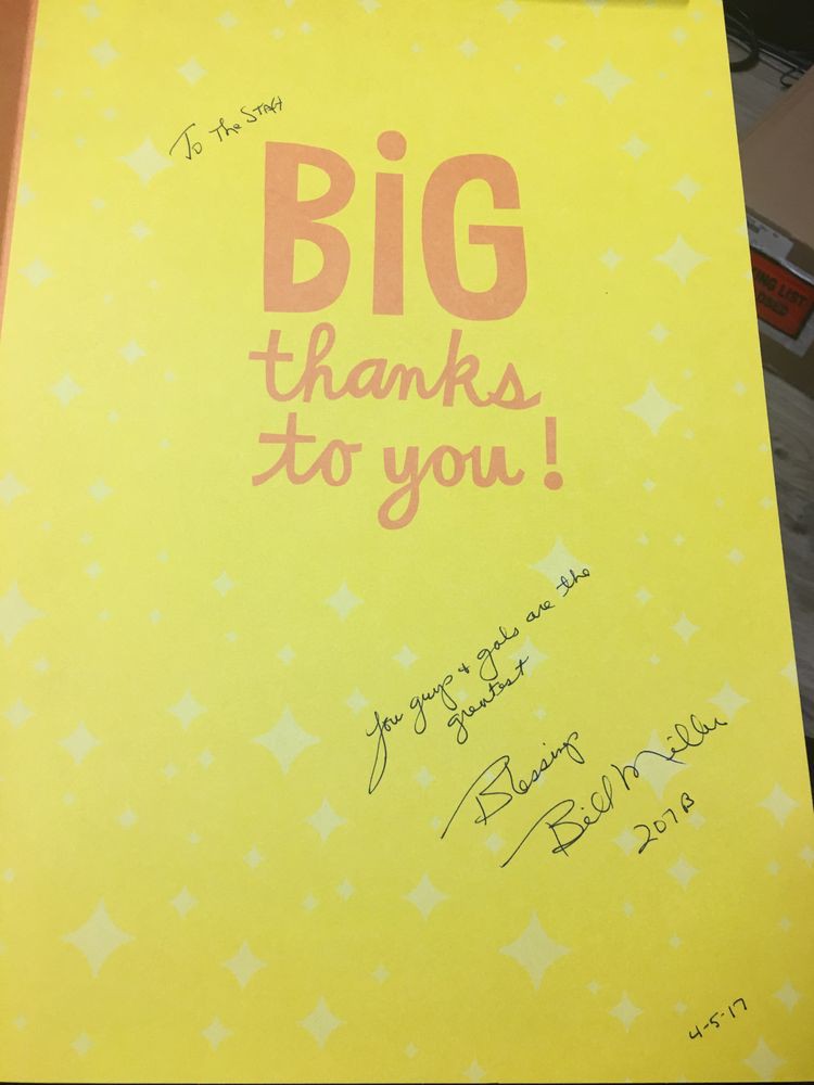 A thank you card showing gratitude with a handwritten signature dated 2015.