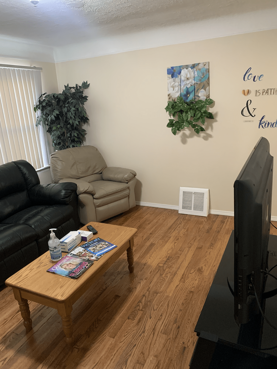 A cozy living room with a sofa, armchair, and a television. A coffee table is placed in the center, adorned with magazines and hand sanitizer. The walls feature decorative elements such as wall art and an indoor plant.