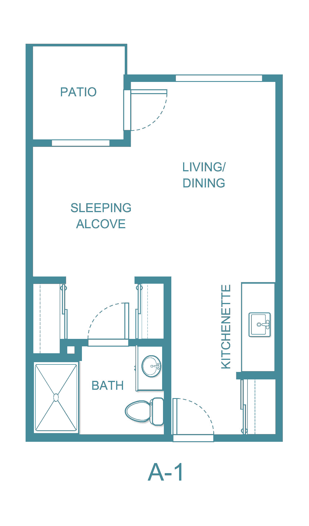 A floor plan of a studio apartment with a sleeping alcove, kitchenette, living/dining area, and bathroom.