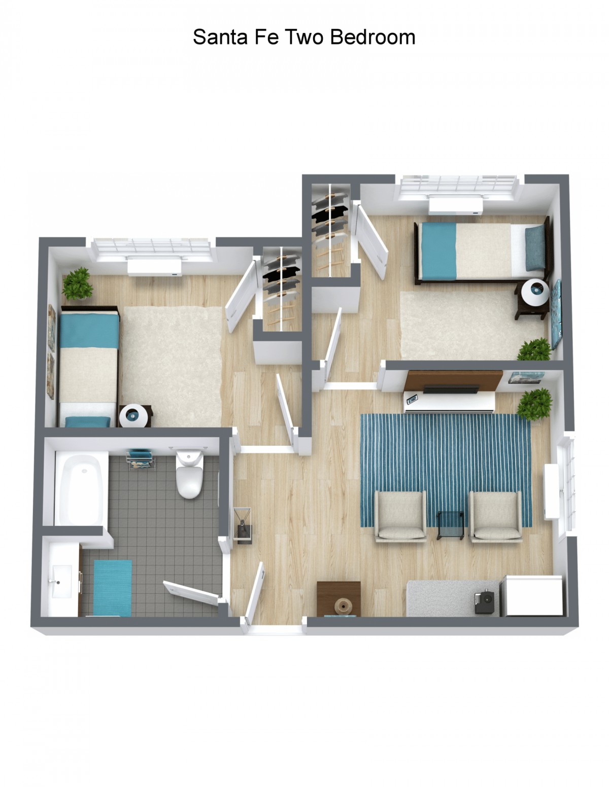 A 3D floor plan of a two-bedroom apartment featuring a living room and bathroom.