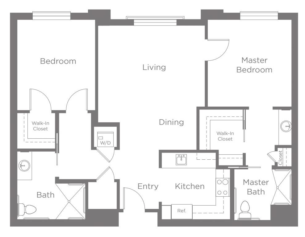 A floor plan showing the layout of an apartment with two bedrooms, a kitchen, living and dining areas, and bathrooms.
