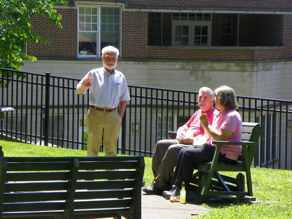 Three elderly people are enjoying a conversation in the park on a sunny day.