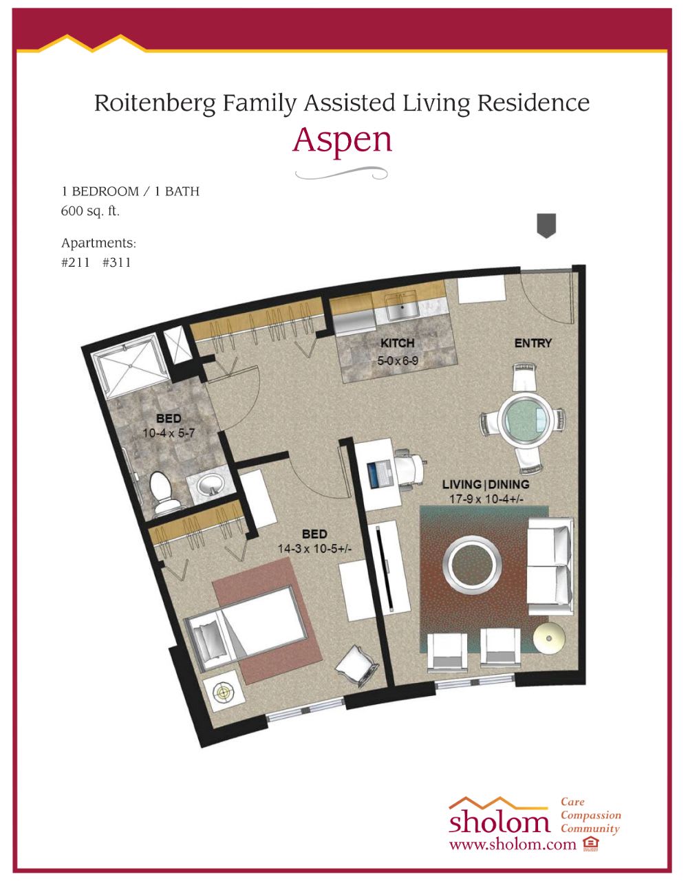 Floor plan of a 1-bedroom residential apartment named Aspen.