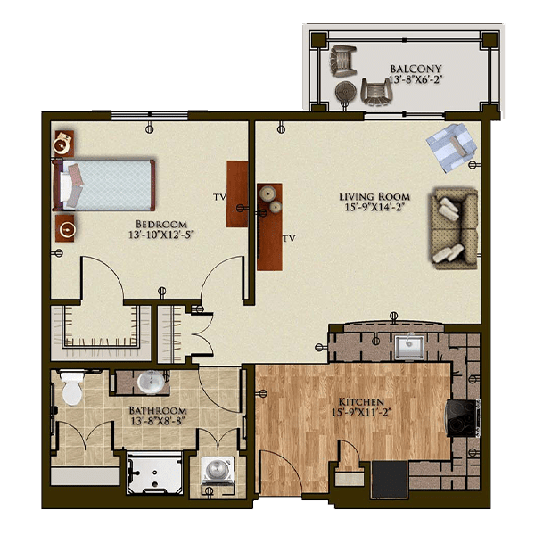 A floor plan of a one-bedroom apartment featuring a living room, kitchen, bathroom, and balcony.