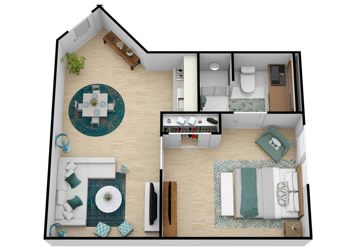 A 3D floor plan of a one-bedroom apartment featuring a living room, dining area, kitchen, bathroom, and bedroom.