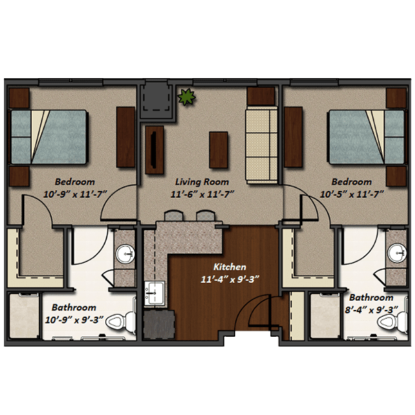 An apartment floor plan featuring two bedrooms, a living room, two bathrooms, and a kitchen area.