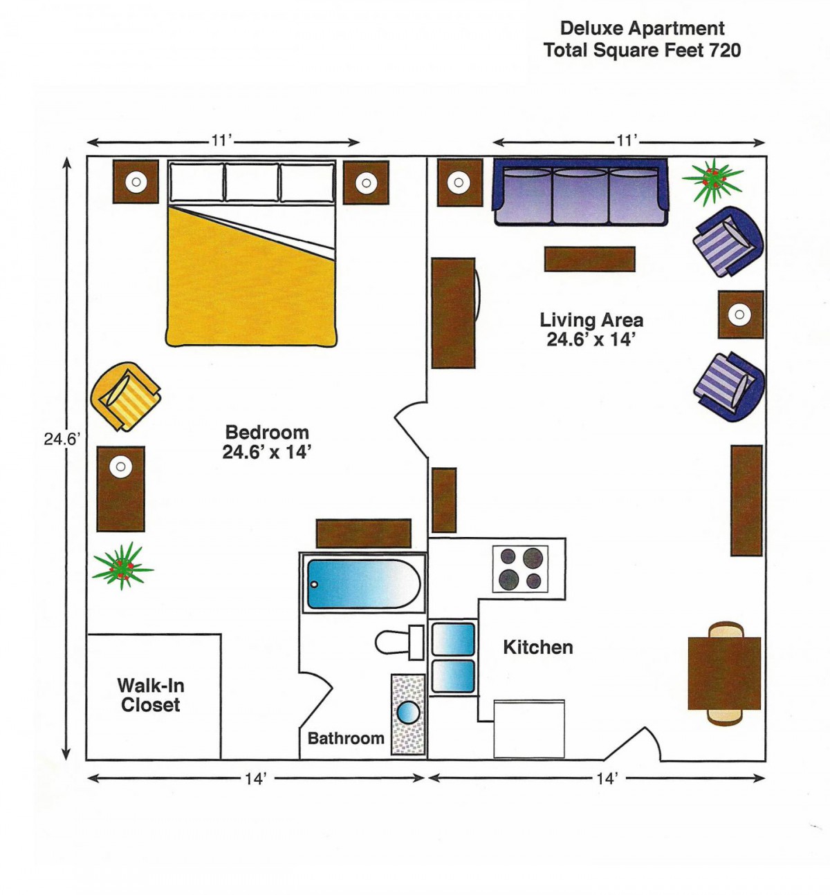 One-bedroom apartment floor plan with dimensions for each room.